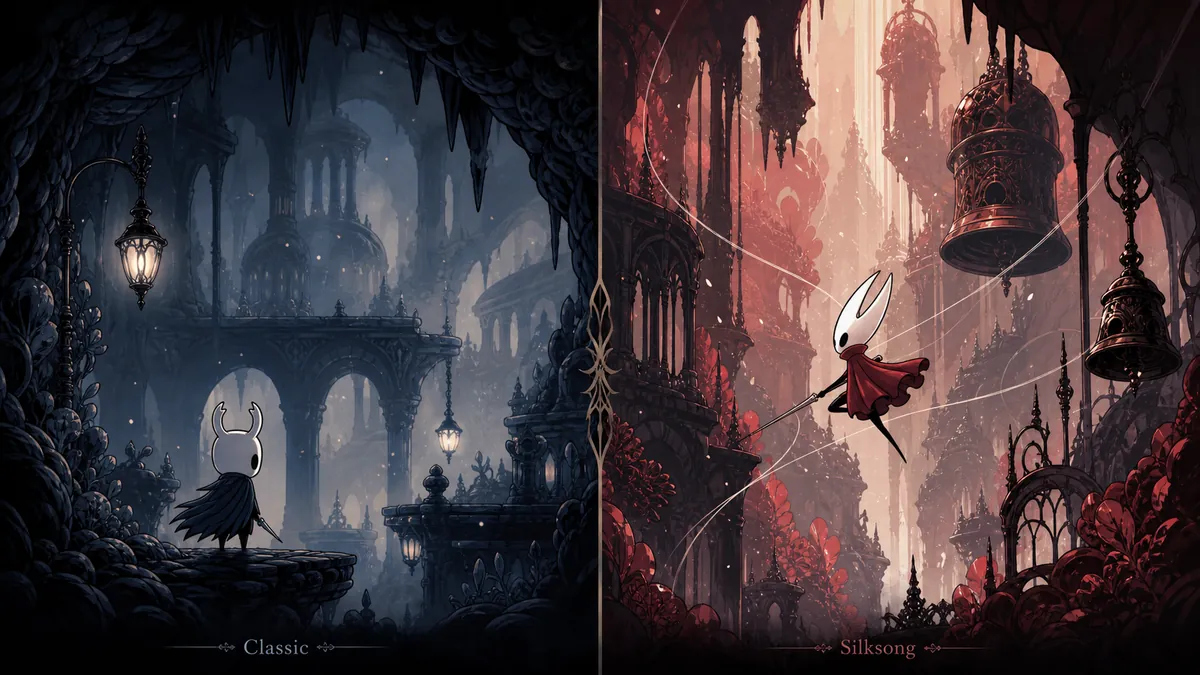 Editorial comparison illustration of Hollow Knight and Silksong showing the Knight in Hallownest and Hornet in Pharloom