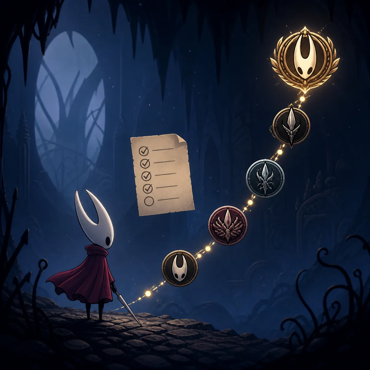 Editorial illustration of Hornet following a glowing achievement path beside a simple checklist