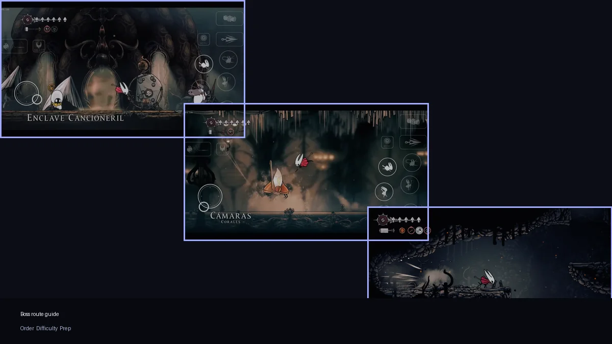 Silksong boss guide collage using real gameplay combat screenshots and route checkpoints