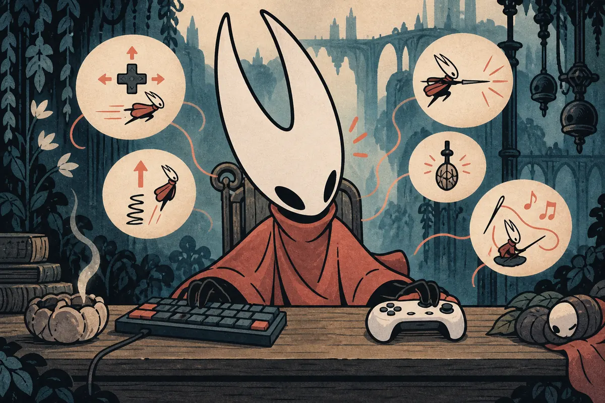 Editorial illustration of Hornet using a keyboard and controller to learn Silksong controls