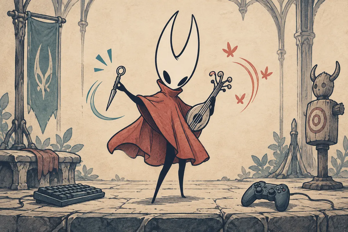 Editorial illustration of Hornet switching between a tool and Needolin while checking Silksong inputs