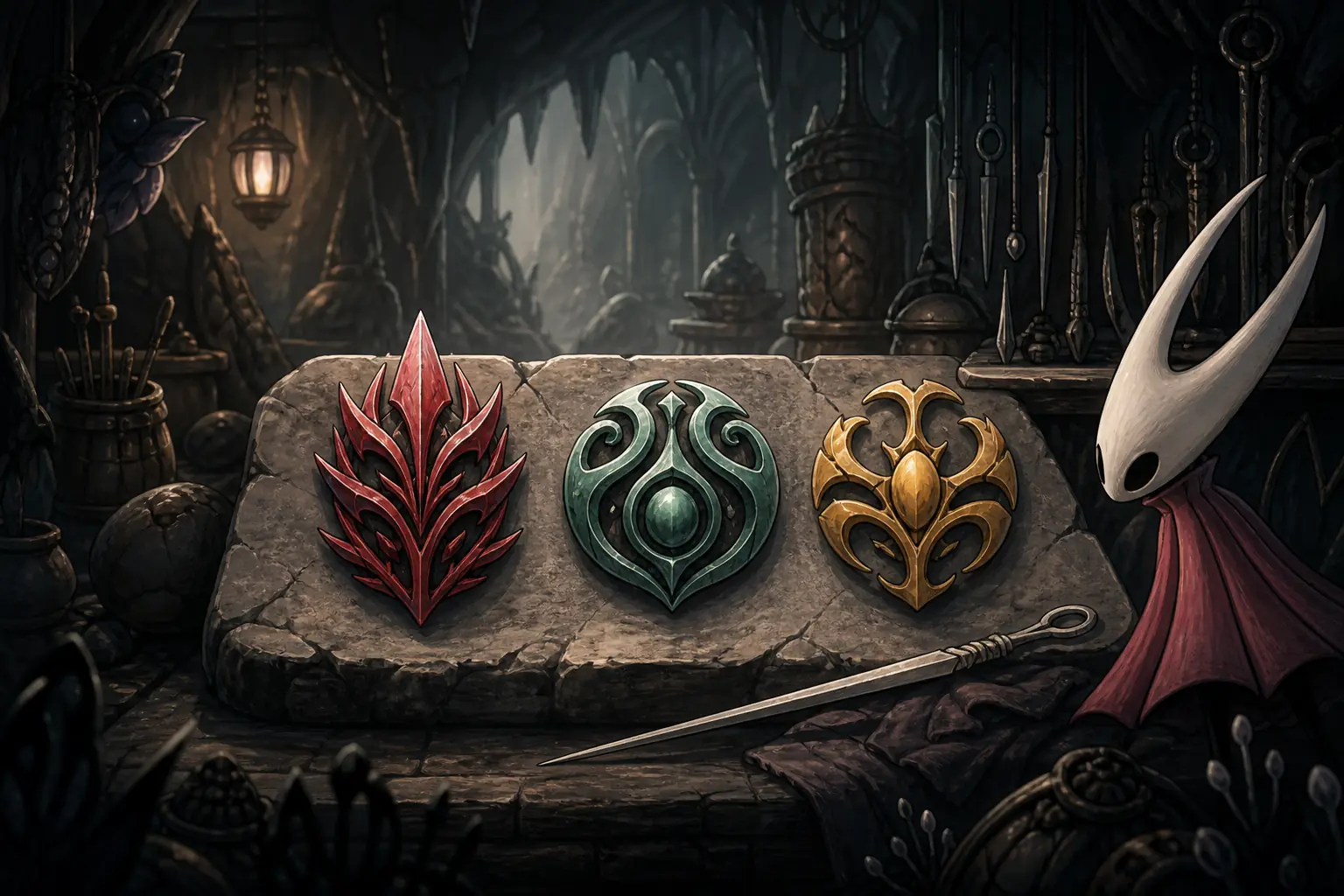 AI-generated editorial comparison of seven Silksong Crest silhouettes and loadout roles