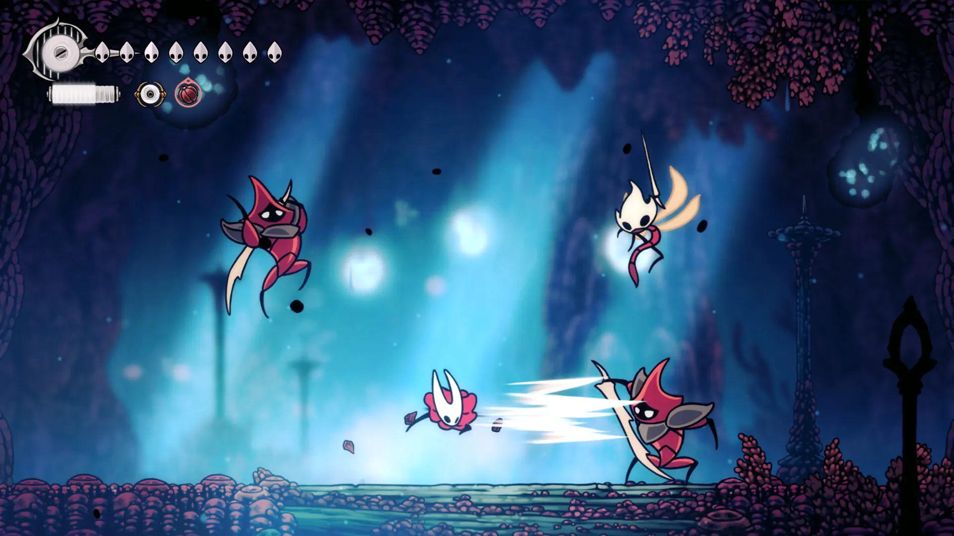 Official Steam gameplay screenshot of Hornet fighting enemies in a blue cavern