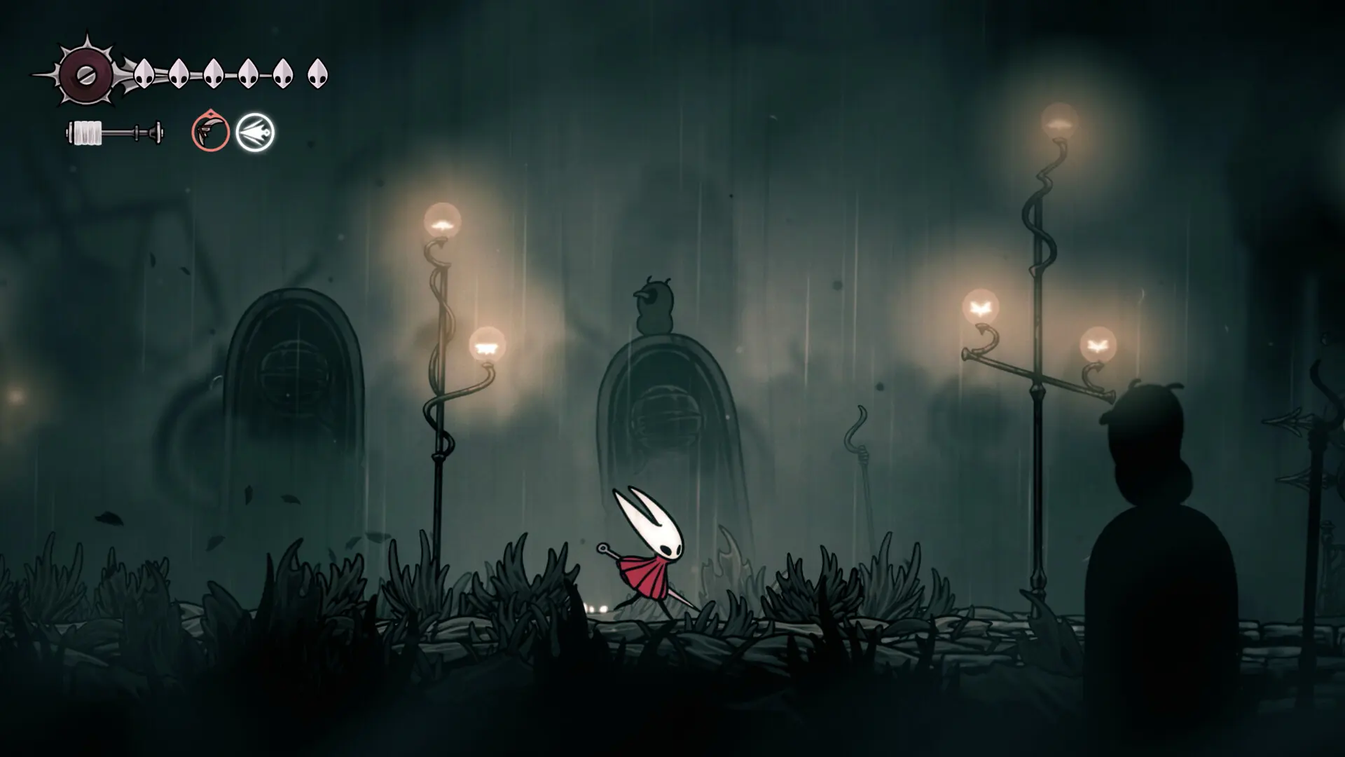 Official Hollow Knight Silksong Steam screenshot showing Hornet walking through a dark Pharloom settlement