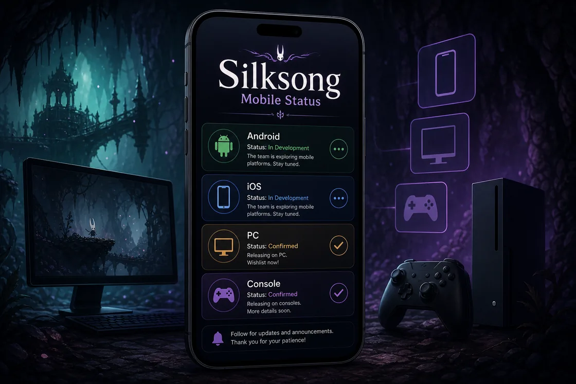 Hollow Knight Silksong mobile platform status guide showing Android, iOS, PC and console play options