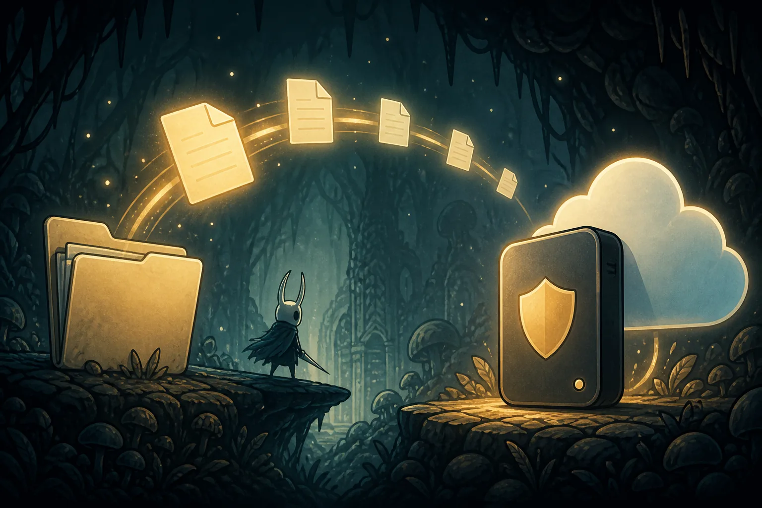Editorial illustration showing save files moving from a local folder to a protected backup drive and cloud symbol