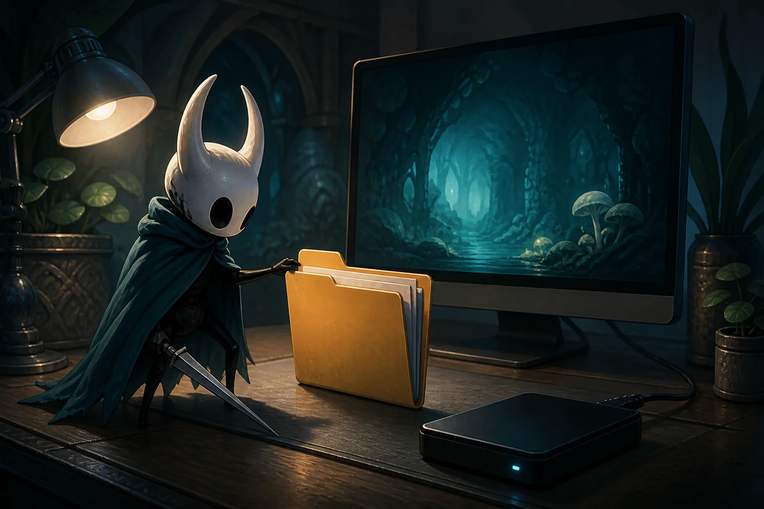 Editorial illustration of a fantasy insect knight beside a computer folder and backup drive