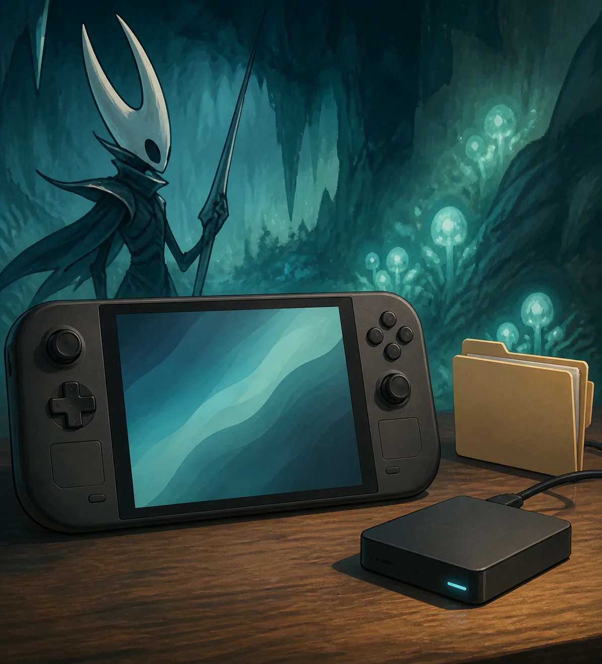 Editorial illustration of a generic handheld PC, a save folder, and an external backup drive