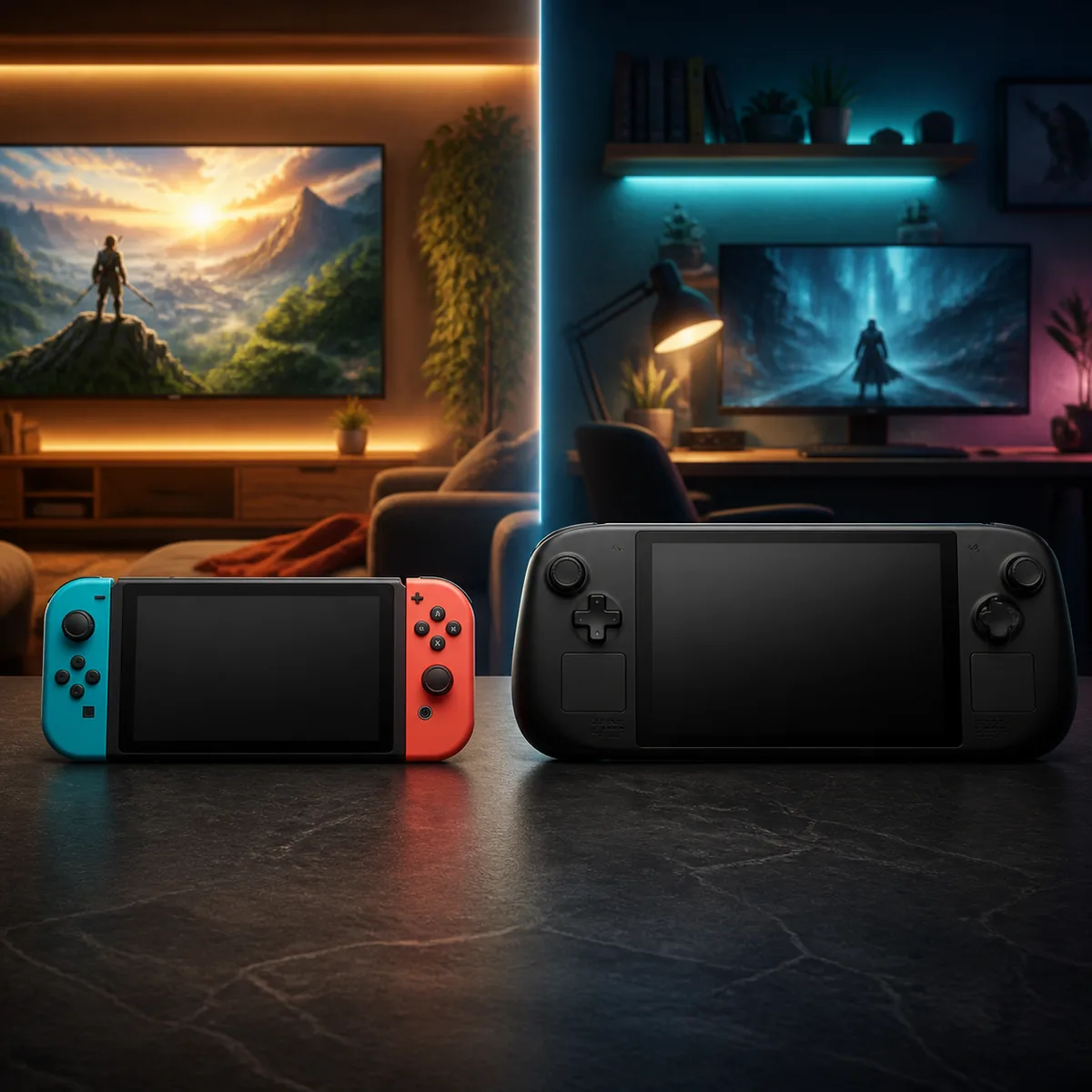 Editorial split illustration comparing a compact console handheld with a larger PC handheld