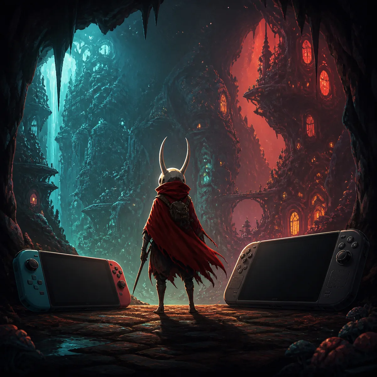 Editorial illustration of a fantasy adventurer between two generic handheld gaming devices
