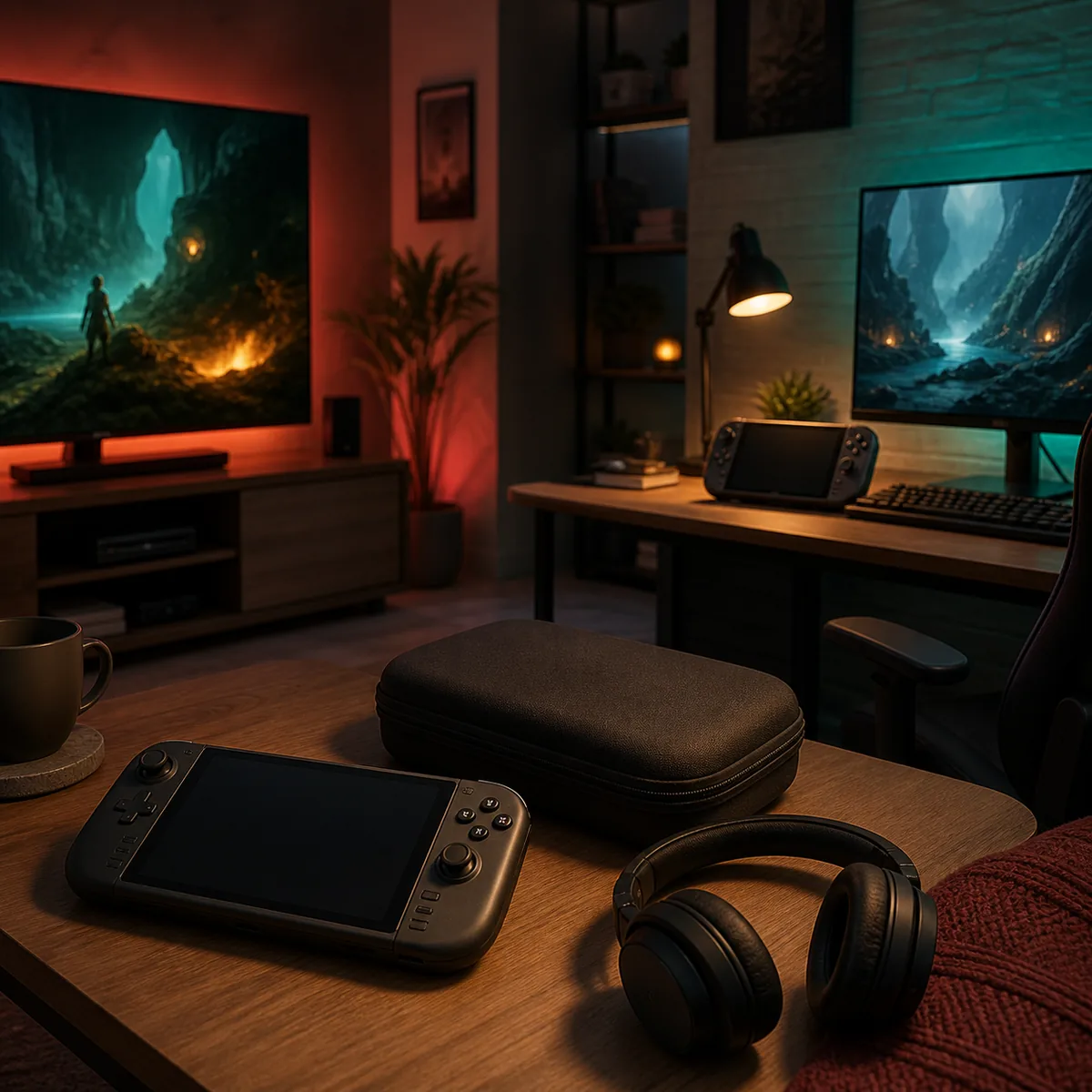 Editorial illustration of handheld, TV, desk monitor, travel case, and headphones in a gaming setup
