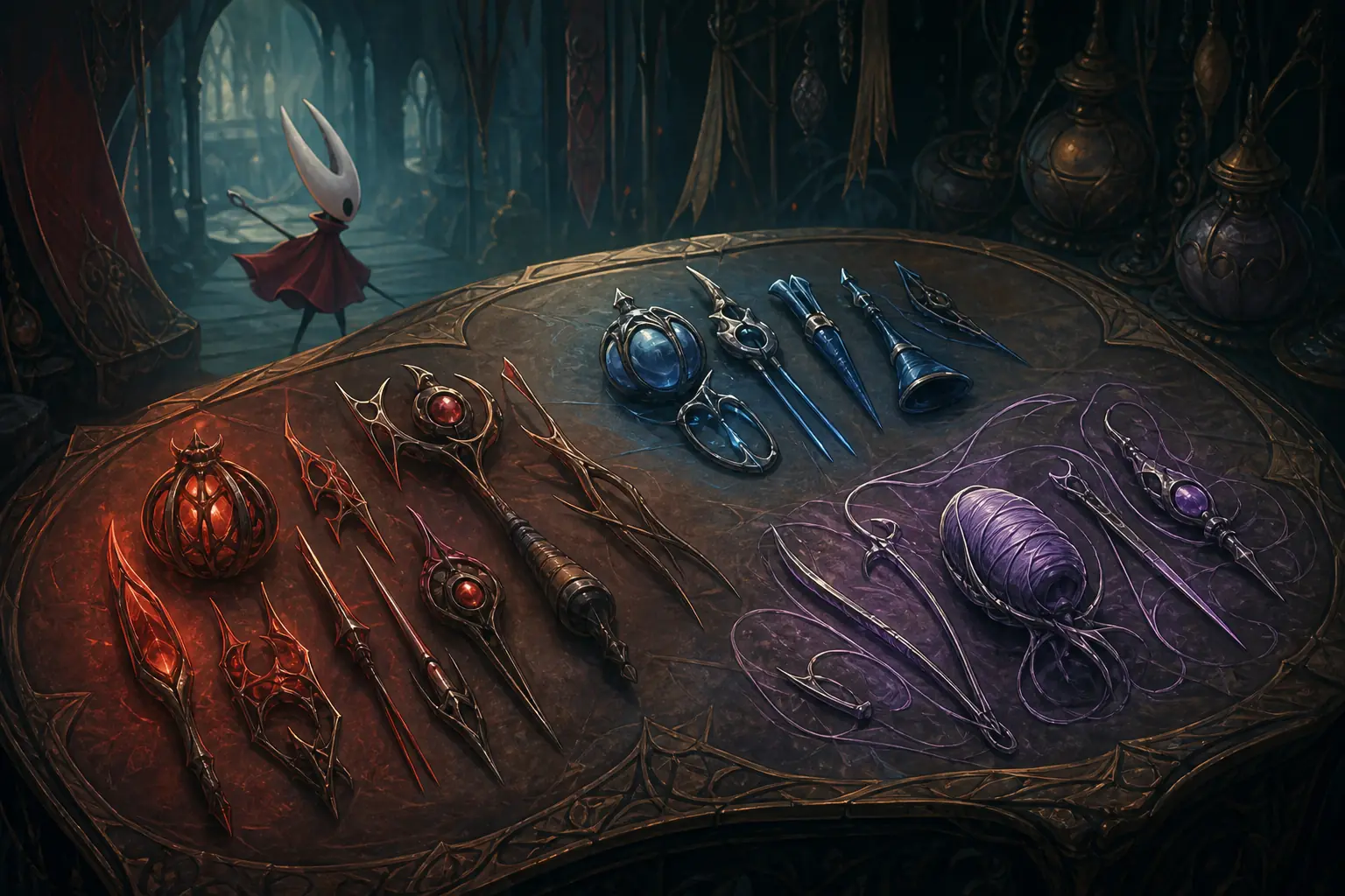 Editorial concept illustration showing three colour-coded tool categories for Silksong