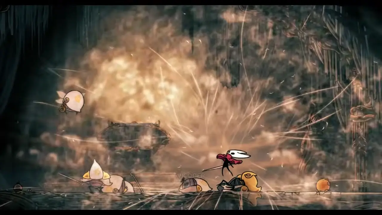 Hollow Knight Silksong APK - Dramatic fiery explosion combat scene on Android